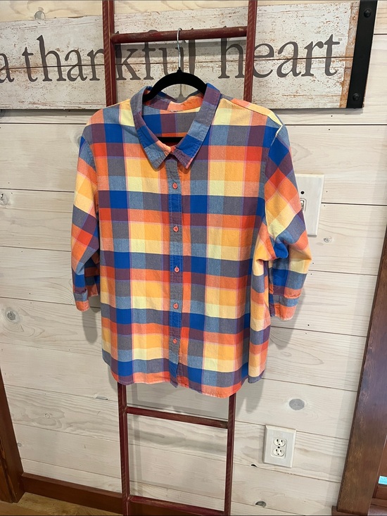 missing Tops - Women's Multicolor Plaid Button-Down Shirt - Blue/Orange/Yellow